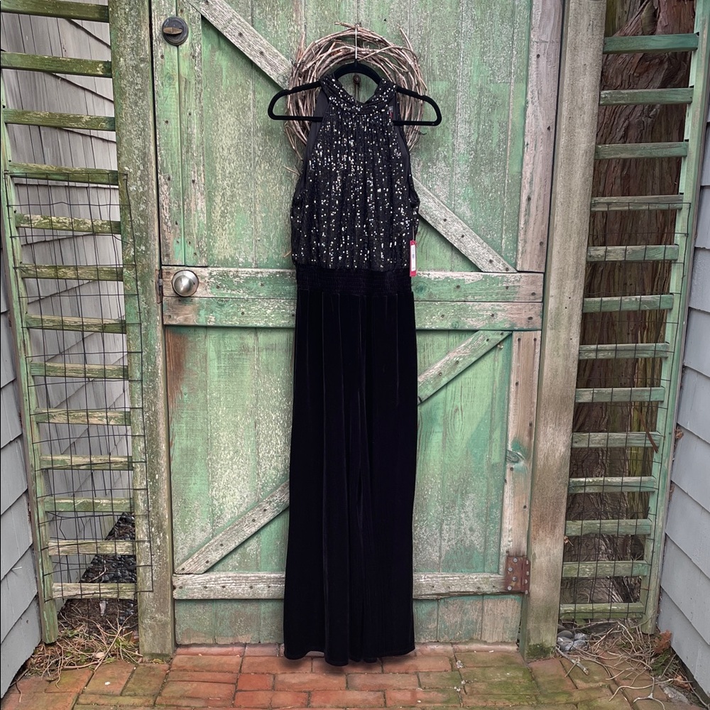 Vince Camuto Black Sequin-Top Velour Wide Leg Pant Evening Dress Medium NWT